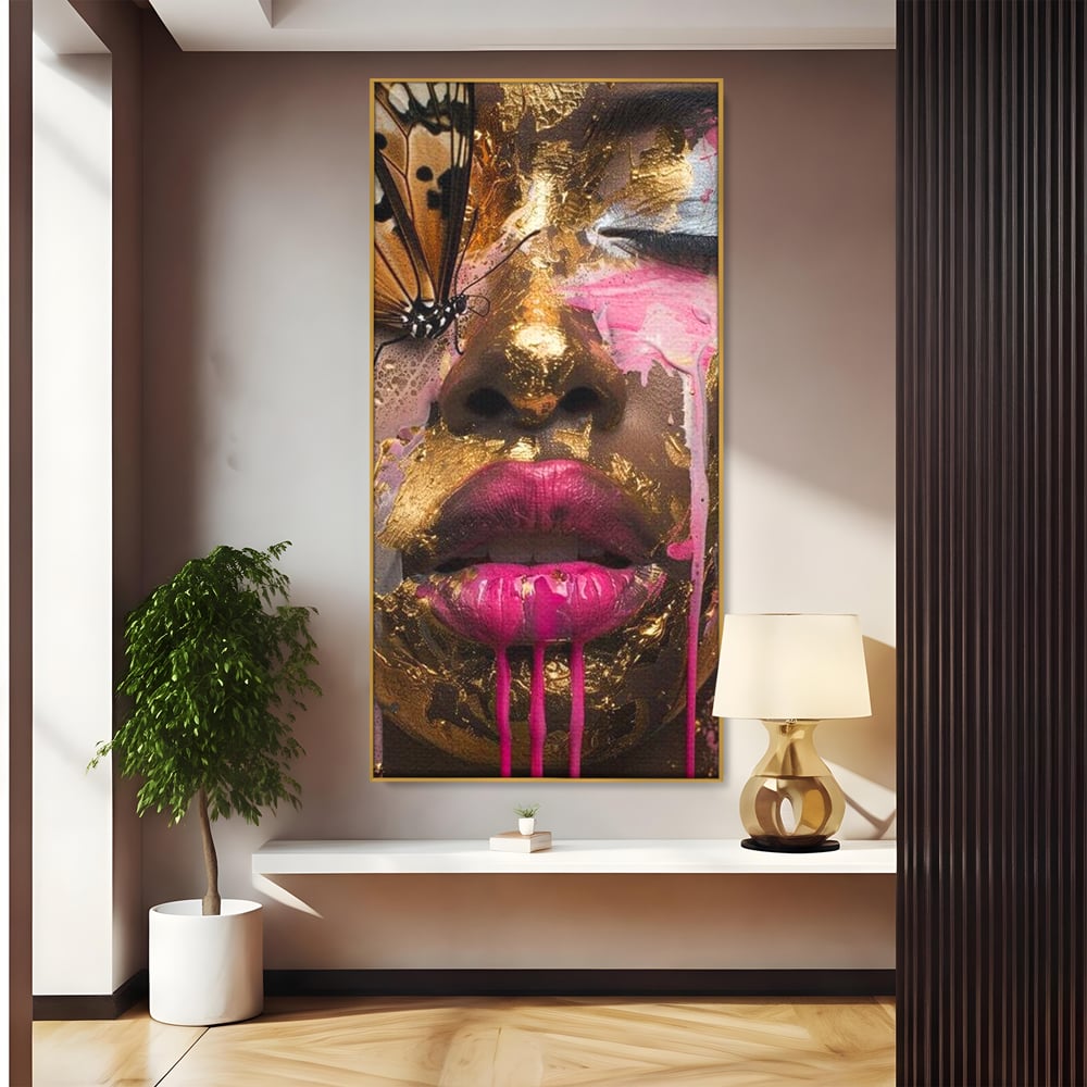 Tablou canvas cu tablou canvas cu portret artistic de femeie, in rama de aluminiu auriu